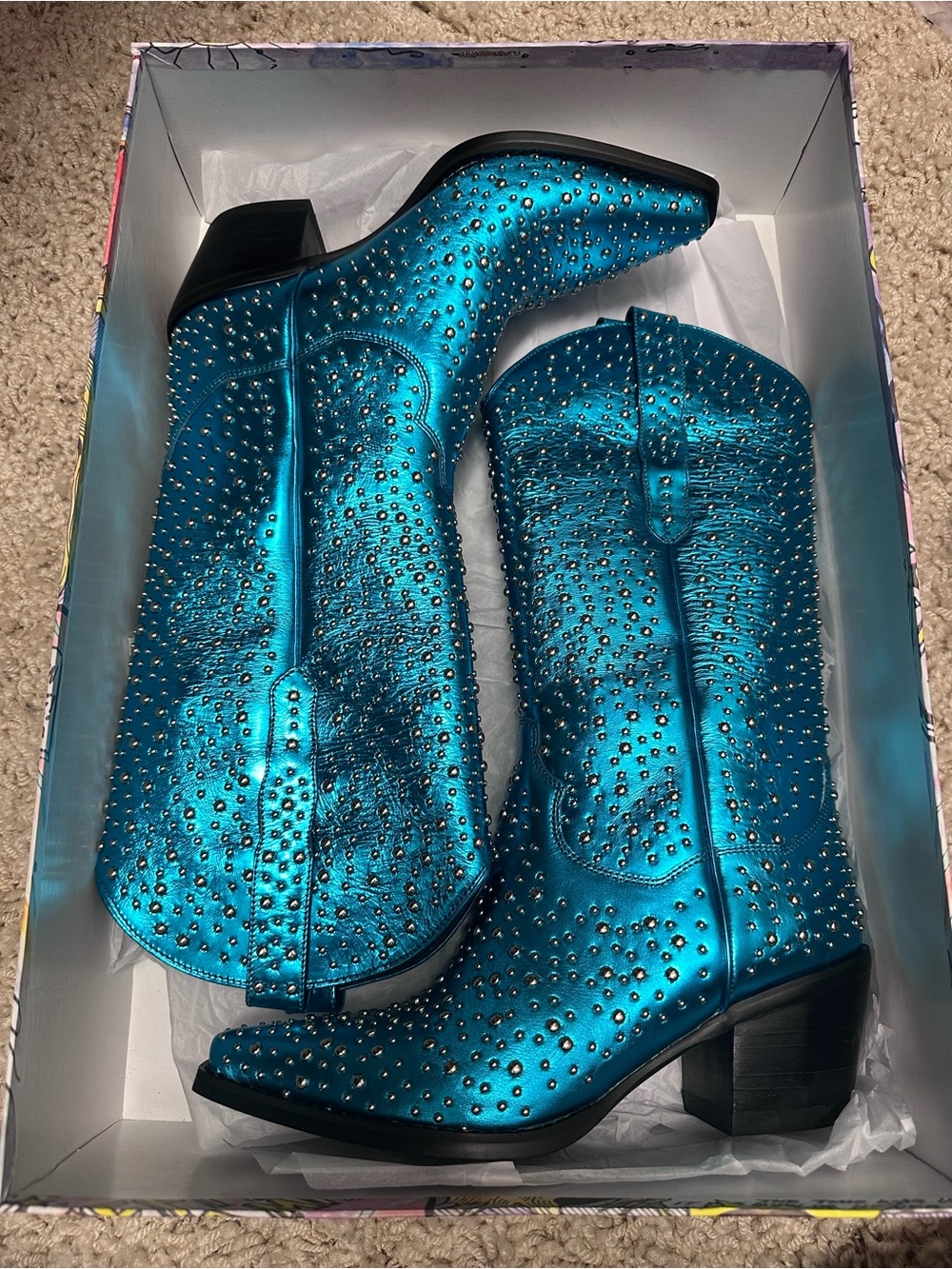 Jeffrey Campbell Free People Metallic Blue Studded Western Boots 7.5 NIB